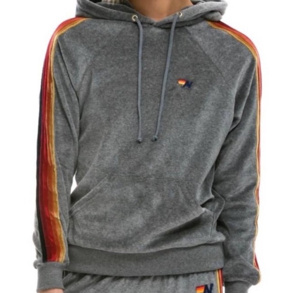 Aviator Nation Velvet Rainbow 5 Stripe Drawstring Pullover/Hoodie | Gray Unisex! - Picture 2 of 11